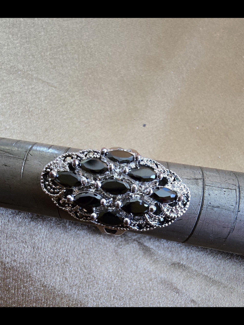 Vintage-Inspired Black Crystal Statement Ring.  Size 8.